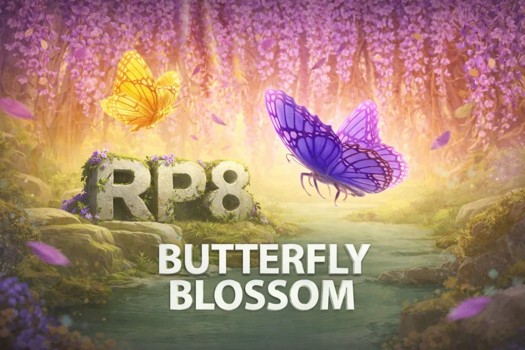 Tampilan visual Butterfly Blossom dalam RP8 Game dengan tema bunga dan kupu-kupu yang lembut
