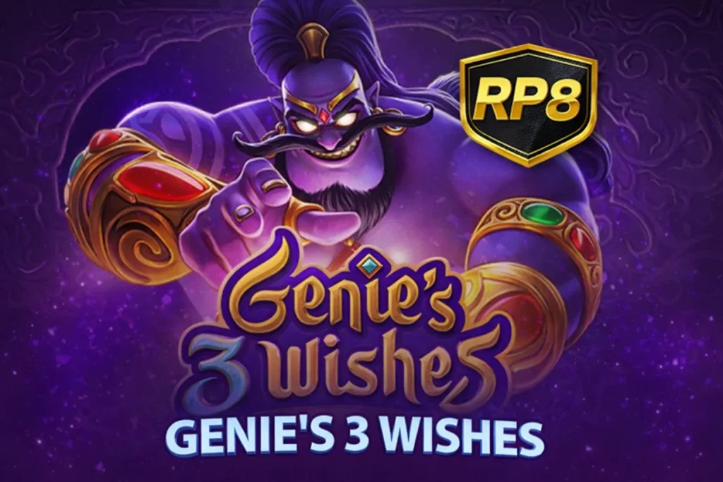 Permainan GENIE’S 3 WISHES di RP8 dengan tema fantasi Timur Tengah yang penuh warna dan suasana magis